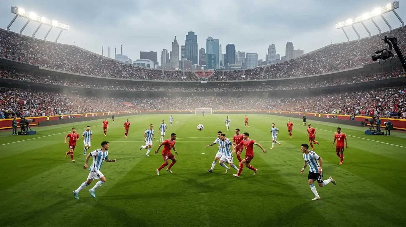 Napastnik w niebiesko-białej koszulce Argentyny poprowadzi piłkę w kierunku bramki Szwajcarii, intensywne wieczorne światło pod Kansas City