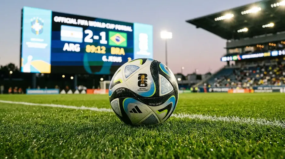 Piłka nożna na murawie stadionu z tablicą wyników w tle podczas meczu grupowego Mistrzostw Świata