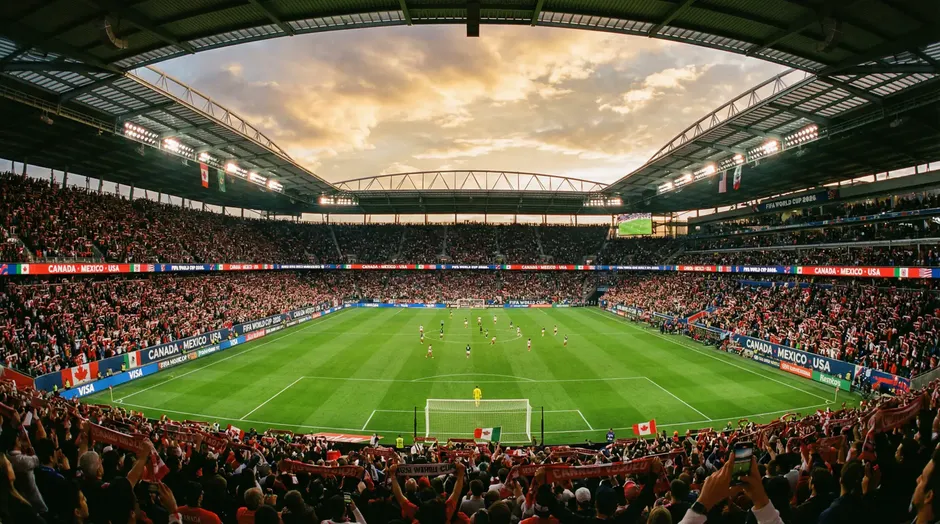 Stadion piłkarski podczas Mistrzostw Świata 2026 z kibicami na trybunach i podświetloną murawą