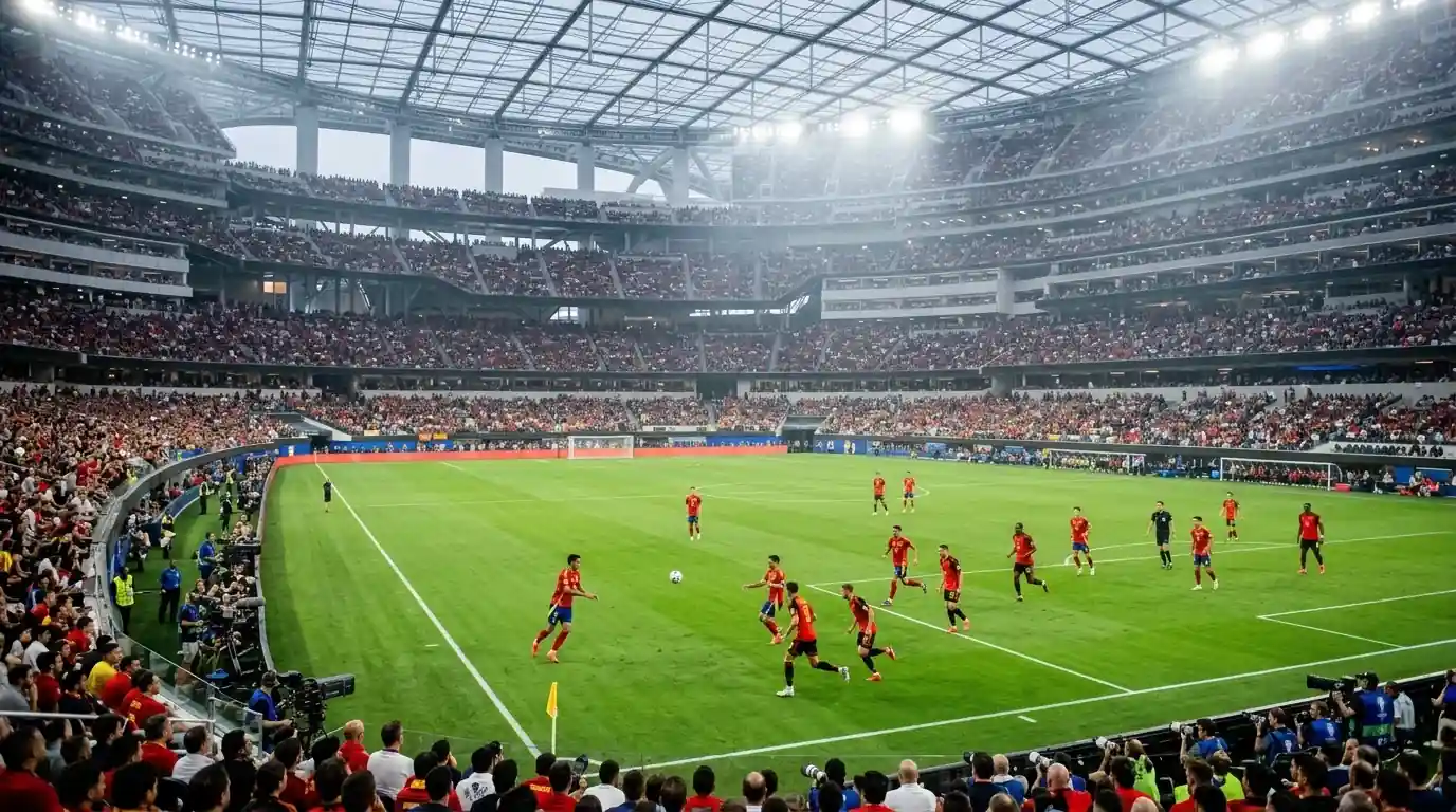 Piłkarz w czerwonej koszulce Hiszpanii drybluje w stronę bramki w asyście dwóch obrońców Belgii w czerwieni, wieczorne światło pod dachem SoFi Stadium