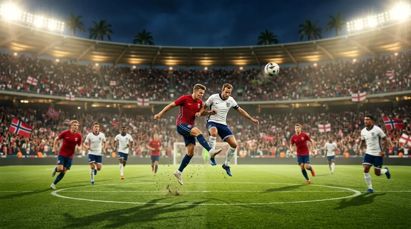 Dwaj napastnicy — jeden w norweskiej czerwieni, drugi w angielskiej bieli — naprzeciw siebie tuż przed gwizdkiem, wieczorne światło stadionu, dramatyczna kompozycja