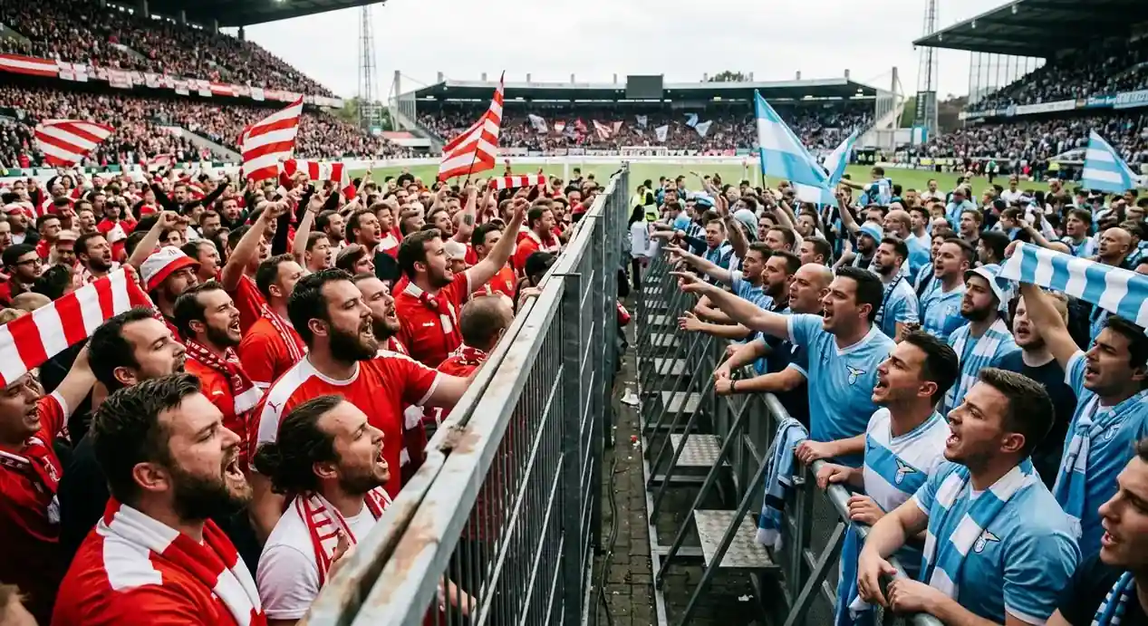 Dwie grupy kibiców w barwach biało-czerwonych i biało-niebieskich na trybunach stadionu, napięcie przed wielkim meczem, wieczorne światło
