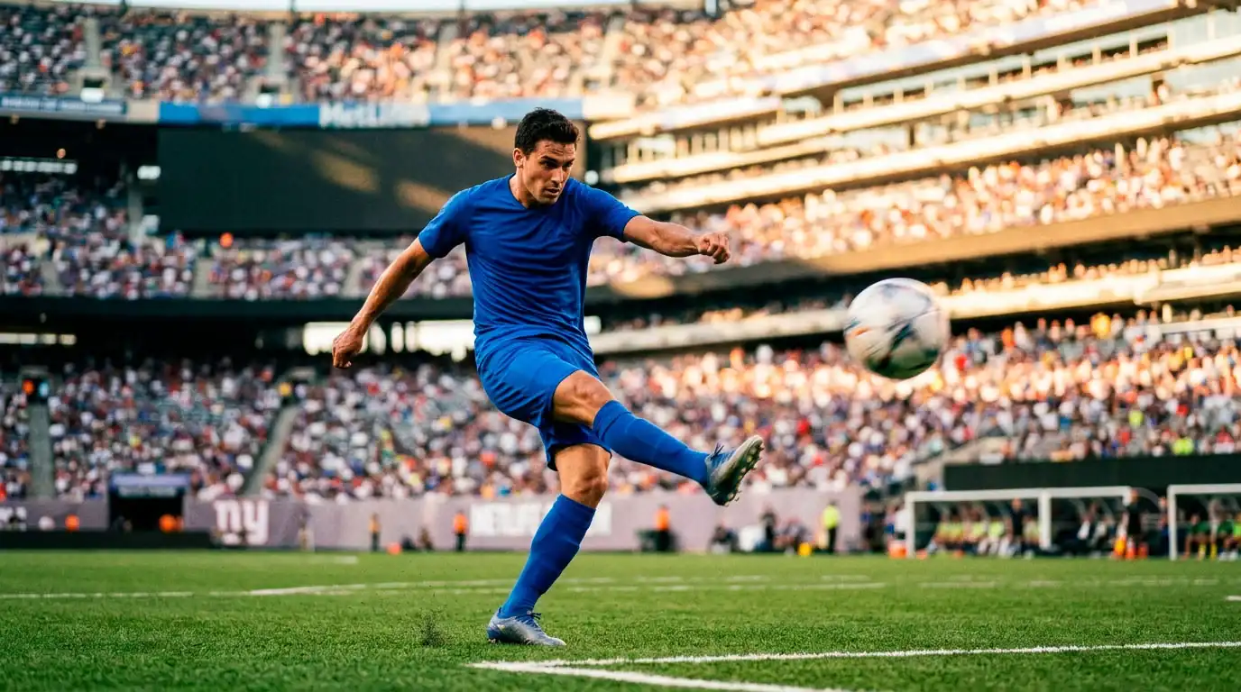 Piłkarz w niebieskiej koszulce Francji strzela na bramkę w świetle popołudniowego słońca na MetLife Stadium