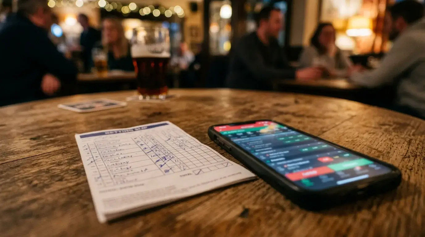 Kupon bukmacherski i smartfon z kursami na stole